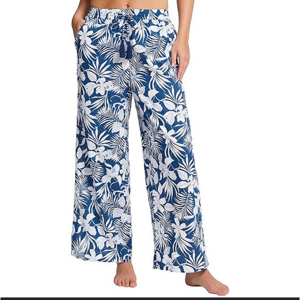Tommy Bahama Wide Leg Pants Womens Large Blue Excellent Island Cays Blooms Print